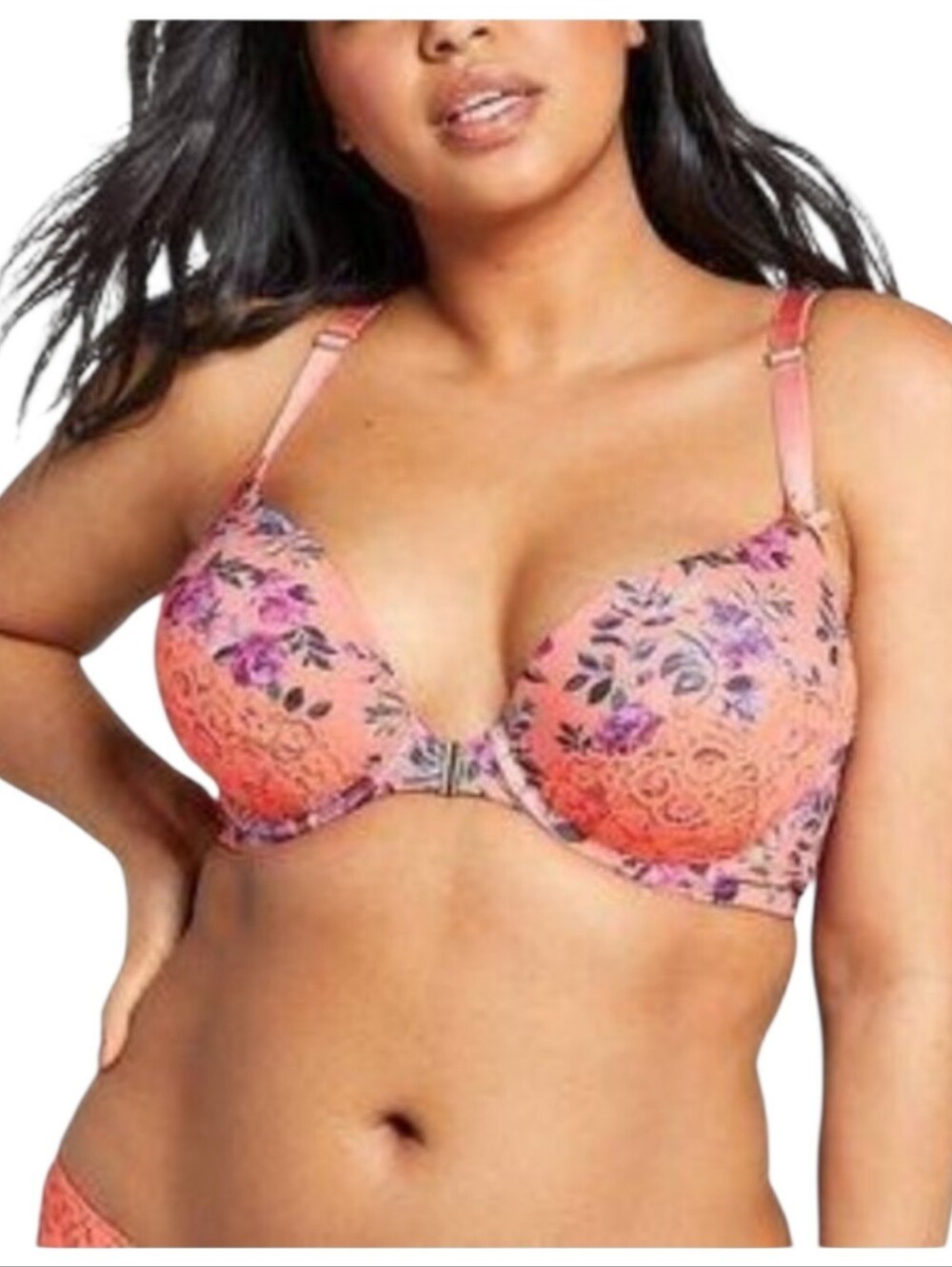 Cacique Lane Bryant Boost Plunge Orange Lace Floral Strappy Bra Size 40DD